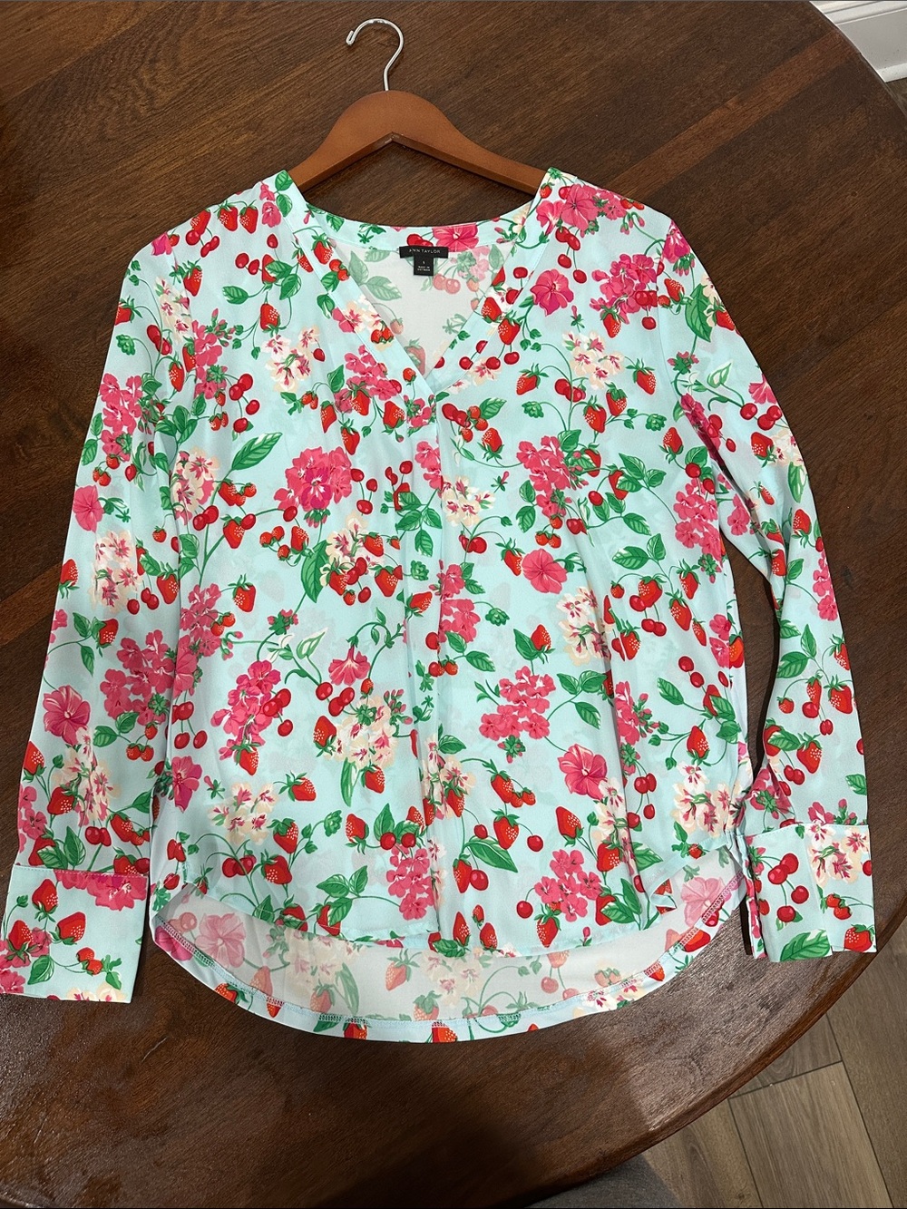 Ann Taylor Cherry & Floral Print V-Neck Blouse - Pink, Red & Green on Light Blue